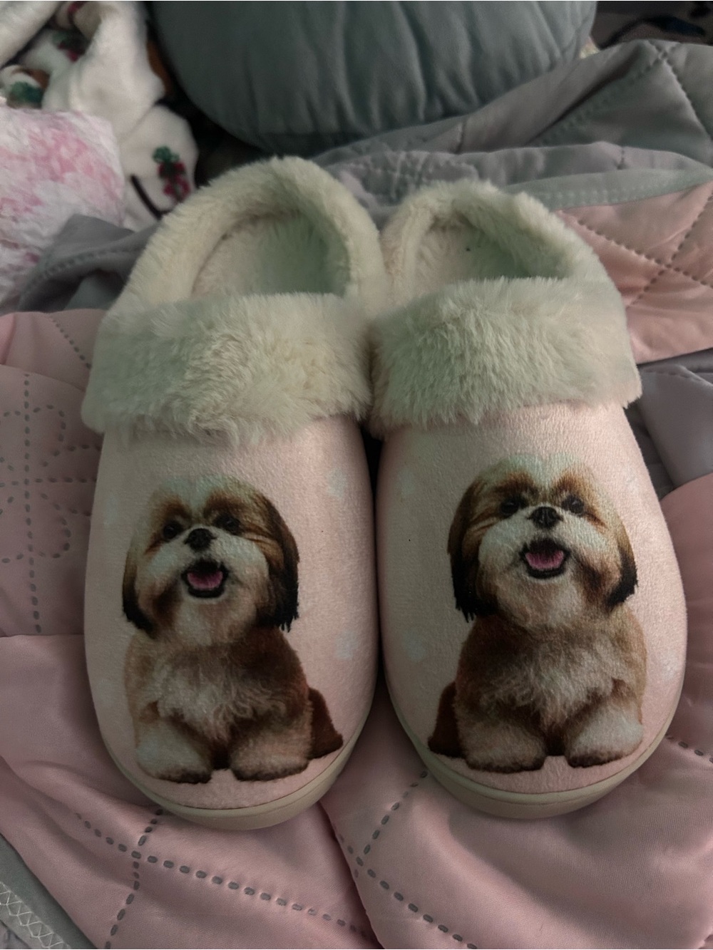Pink Faux-Fur Slippers with Cute Puppy Print